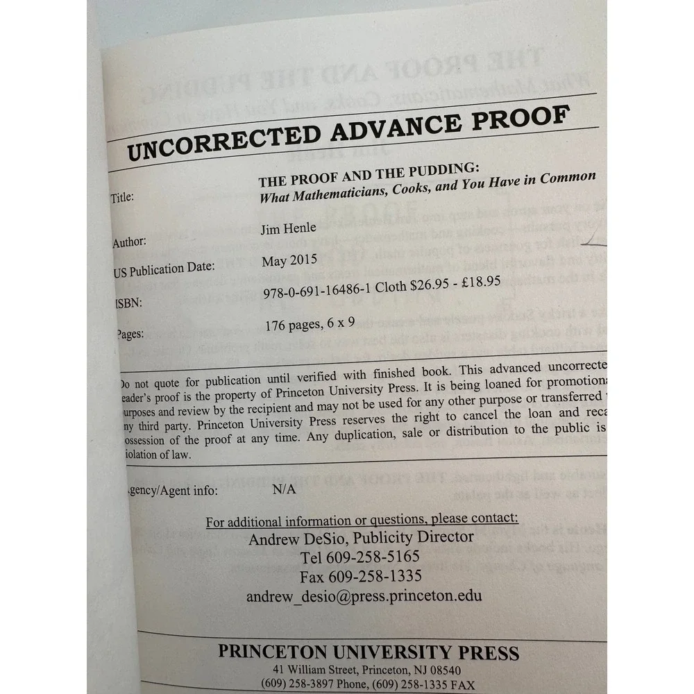 The Proof and the Pudding Jim Henle Uncorrected Advance Proof Math Cooking ARC